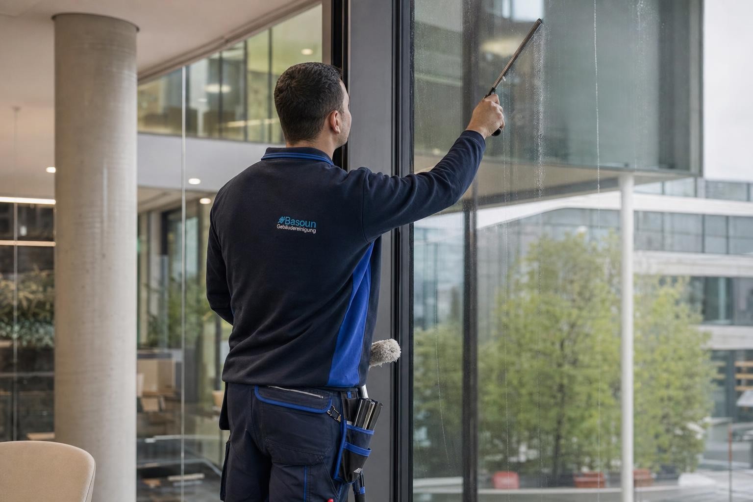 Reinigung einer großen Glasfläche als Beispiel für professionelle Glasreinigung in Rosenheim